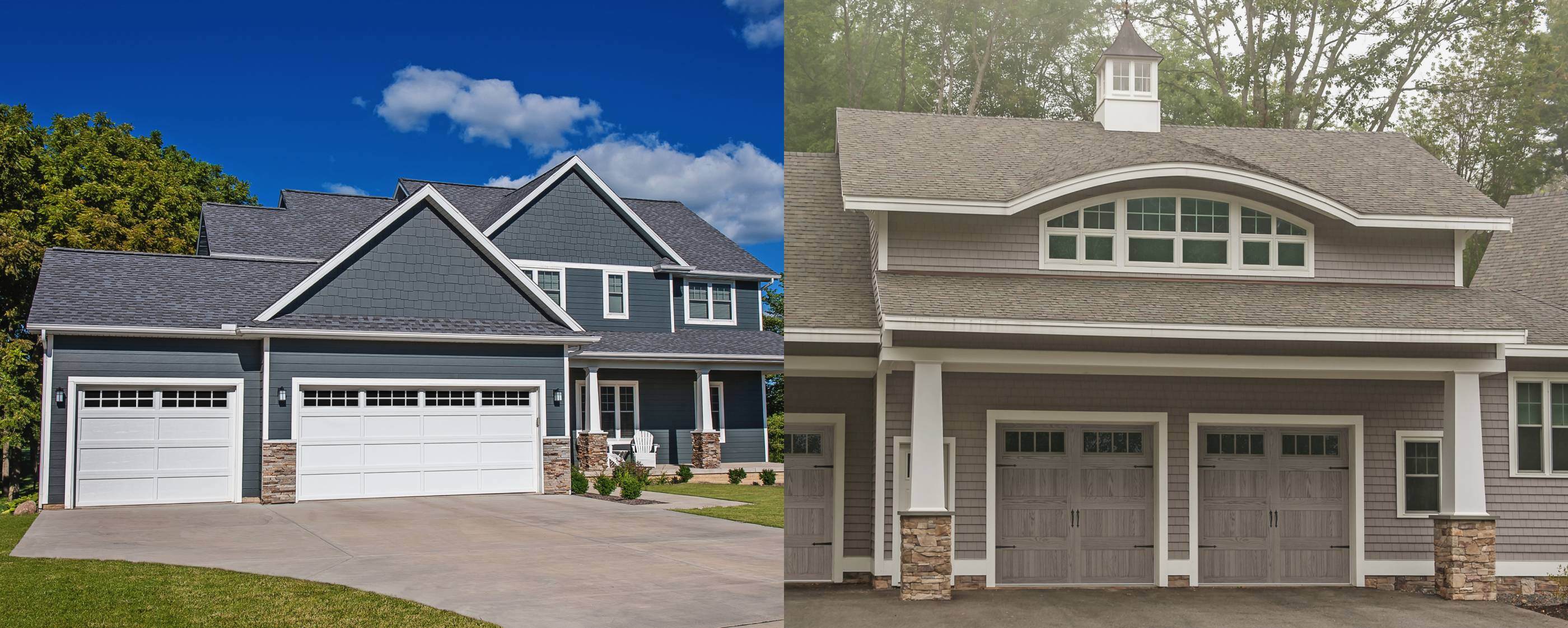 Examples of a contrasting and a complementary grey house with garage doors