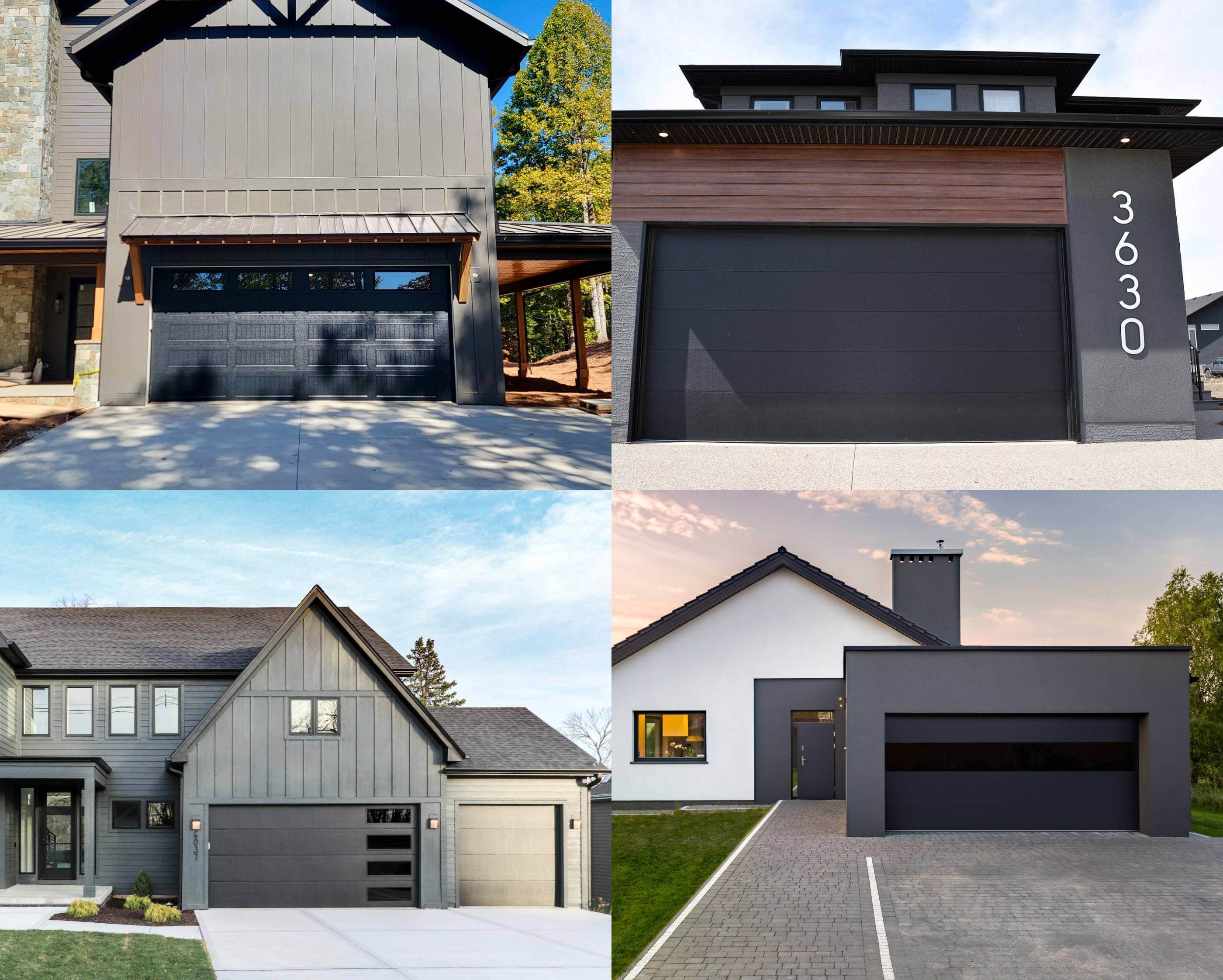 Examples of black garage doors with grey houses