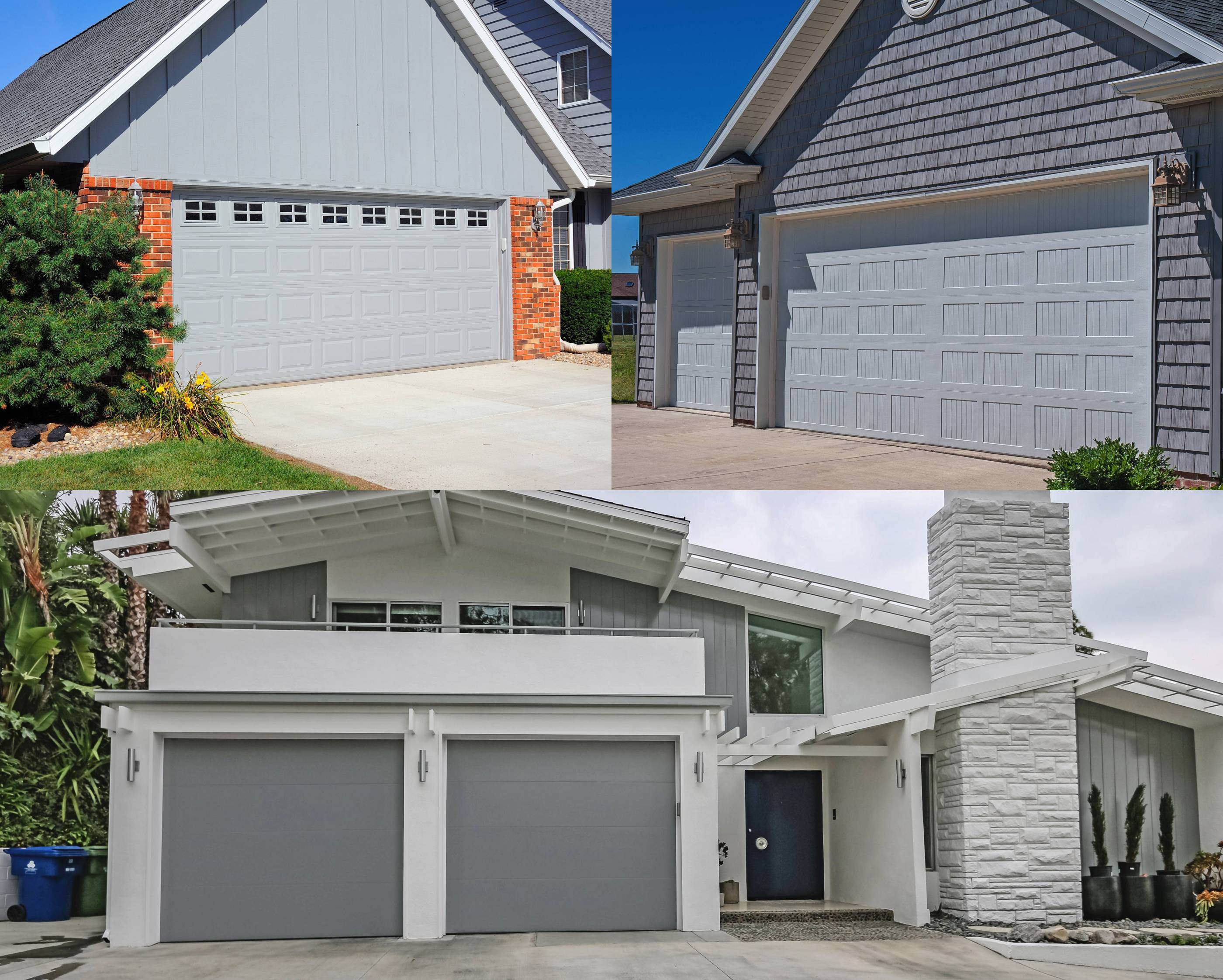 Examples of gray garage doors with grey houses