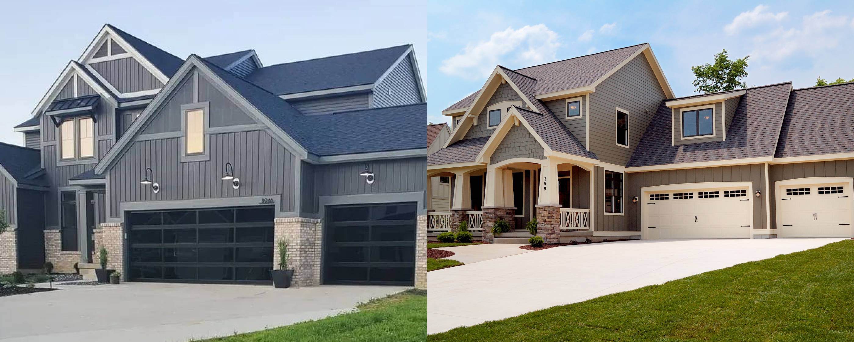 Examples of grey houses in craftsman and modern farmhouse styles