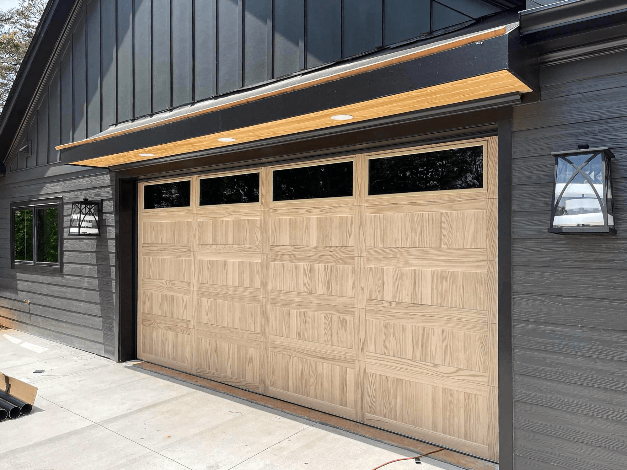 stamped carriage house in natural oak accents