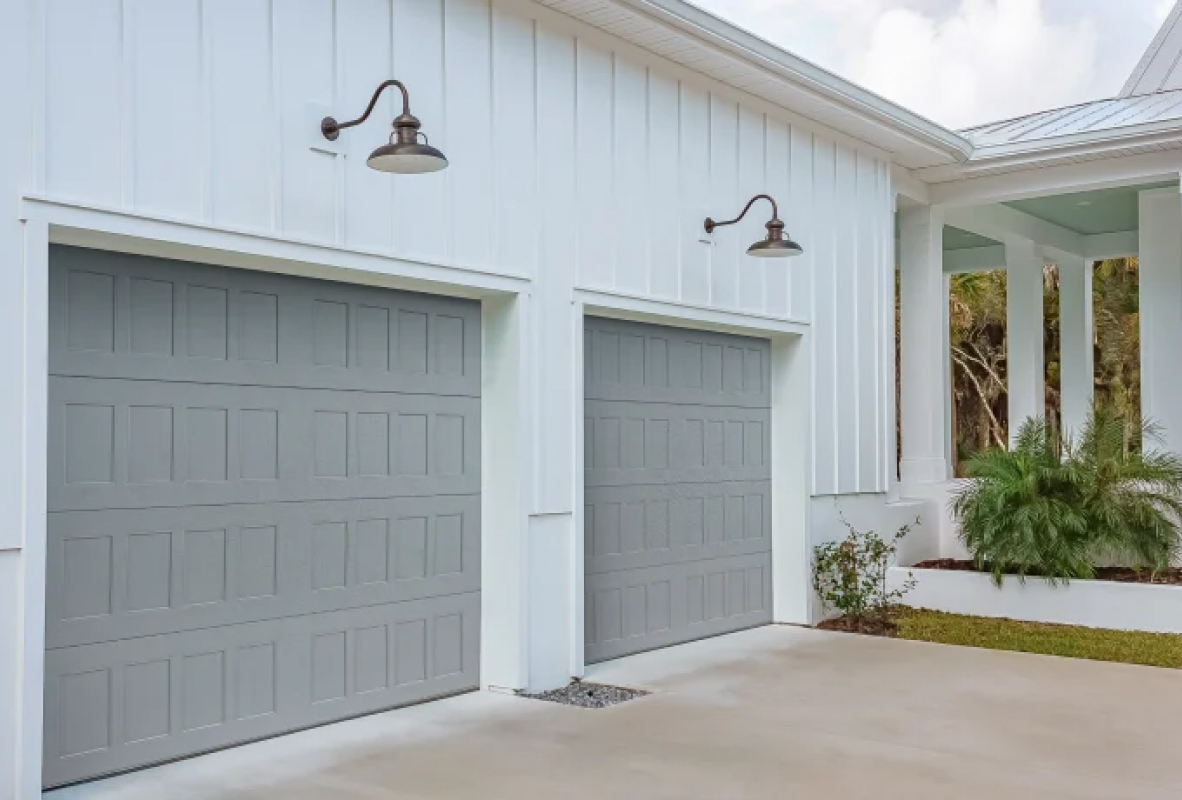 stamped shaker garage door in gray