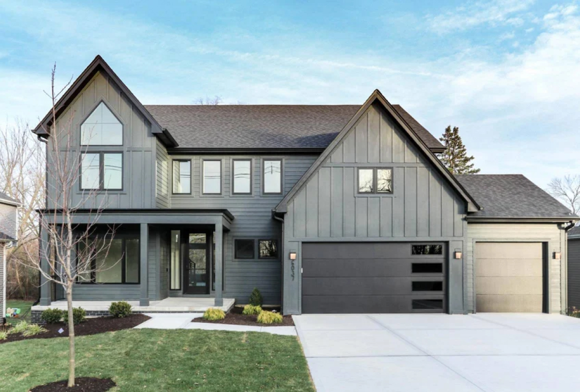 Stamped carriage house doors in gray with basket ball hoop-1